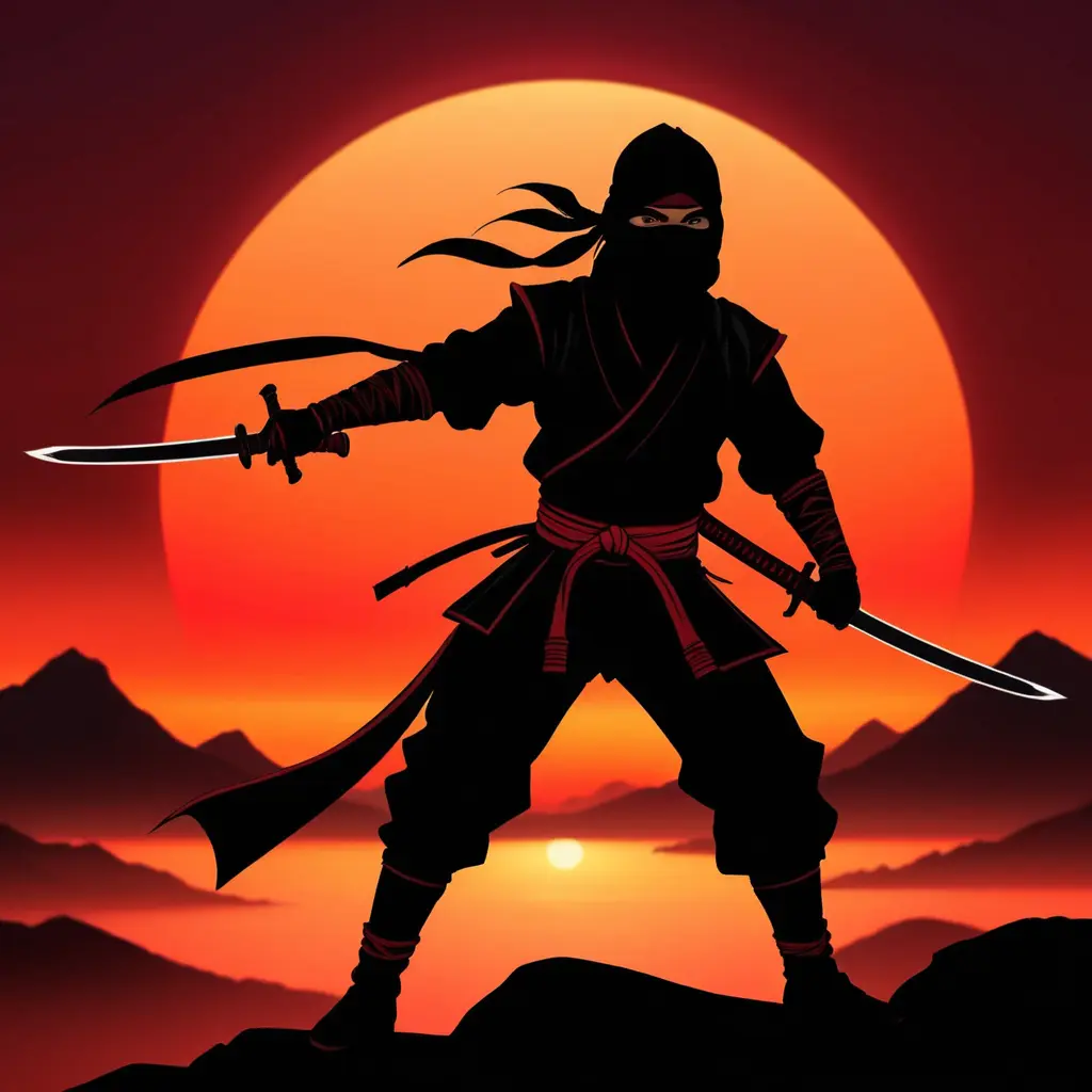 Silhouette of a ninja assassin with her drawn daggers in front of a red sunset, Ambient Lighting, Fantasy, Dark