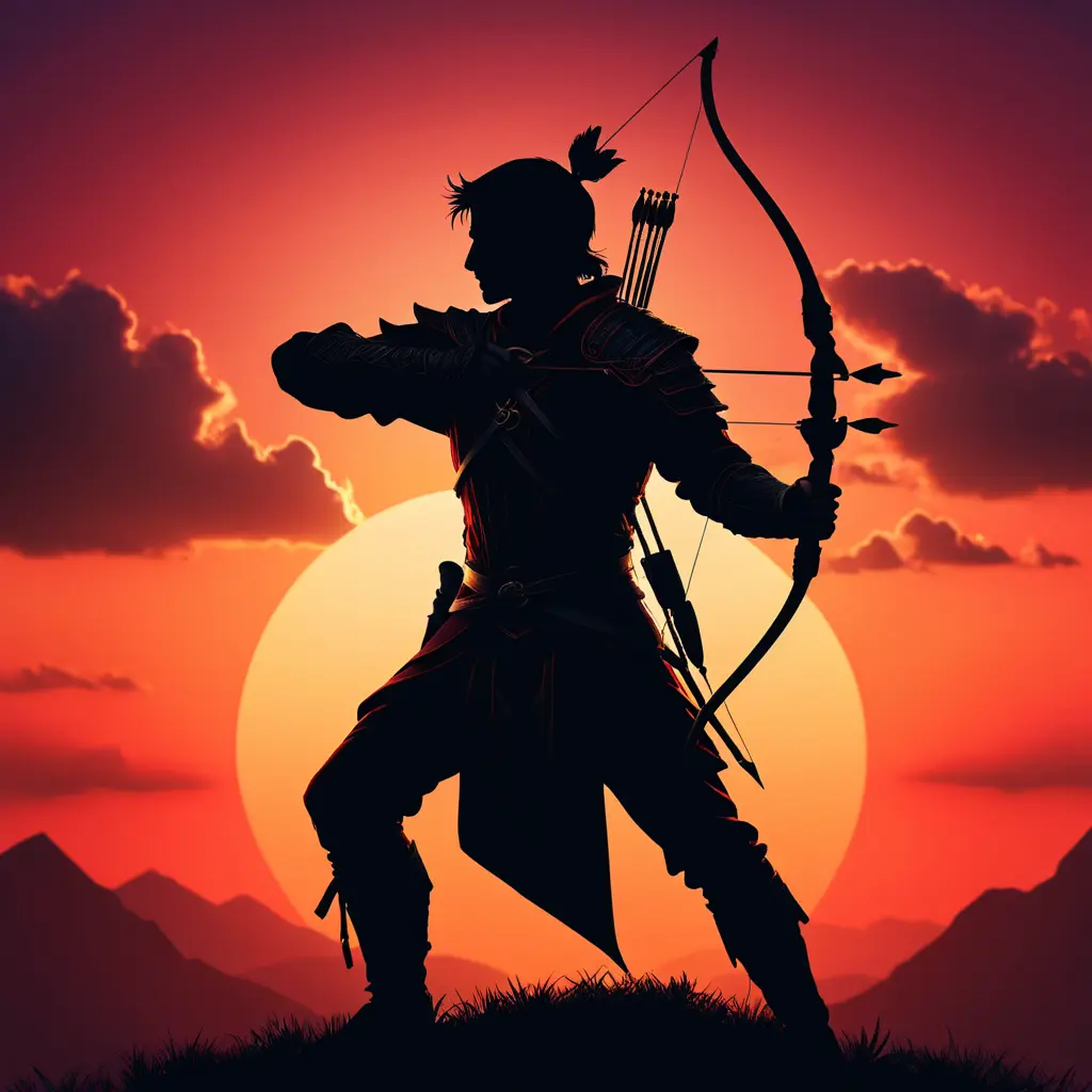 Silhouette of an archer assassin in front of a red sunset, Ambient Lighting, Fantasy, Dark