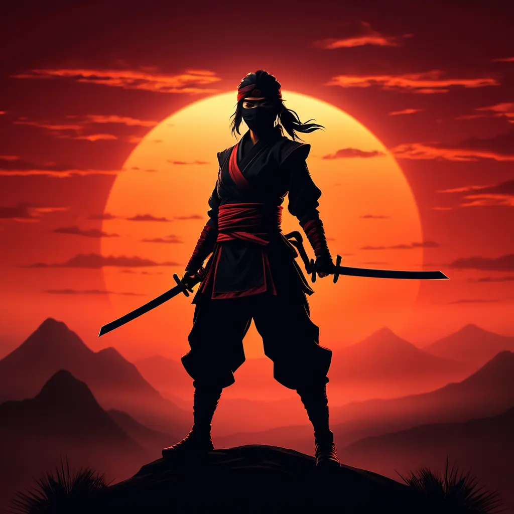 Silhouette of a ninja assassin with her drawn daggers in front of a red sunset, Ambient Lighting, Fantasy, Dark