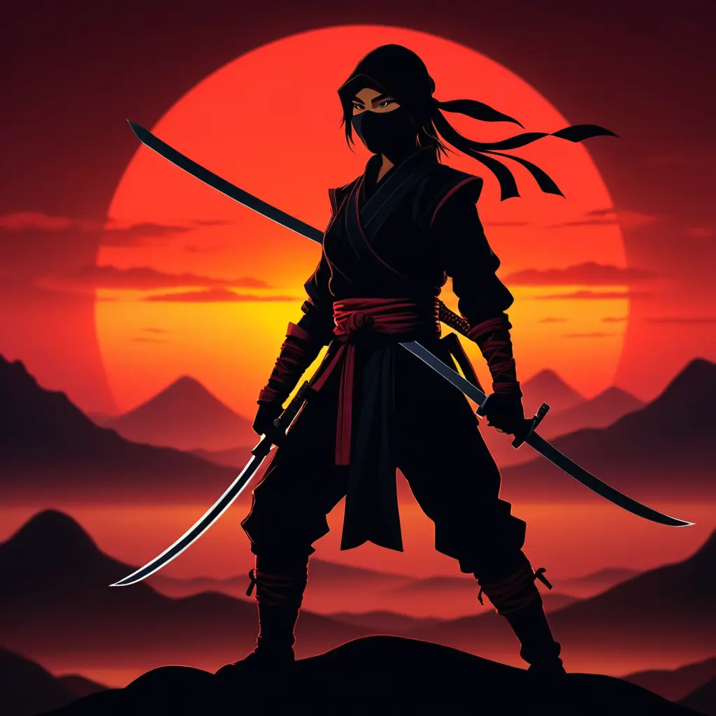 Silhouette of a ninja assassin with her drawn daggers in front of a red sunset, Ambient Lighting, Fantasy, Dark