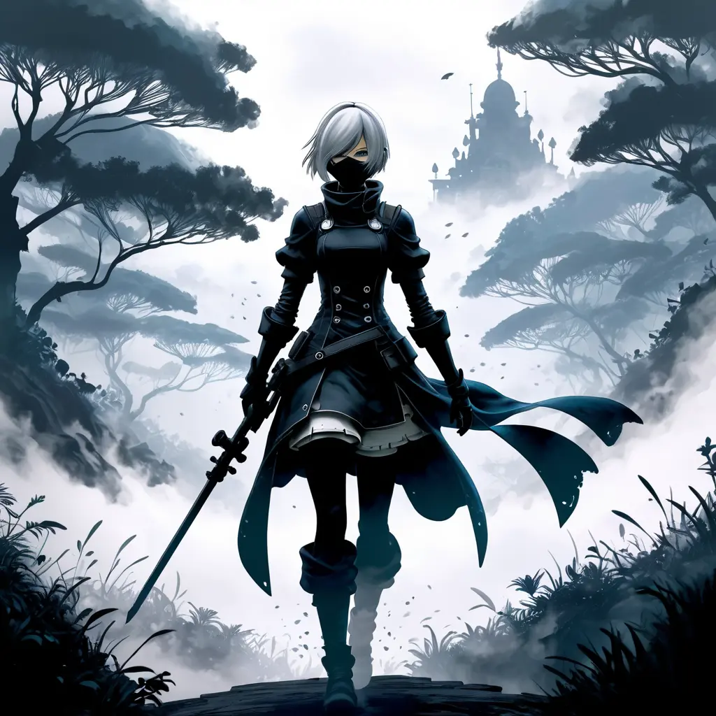 Silhouette of Nier Automata emerging from the fog of war, ink splash, Highly Detailed, Vibrant Colors, Ink Art, Fantasy, Dark by Stanley Artgerm Lau