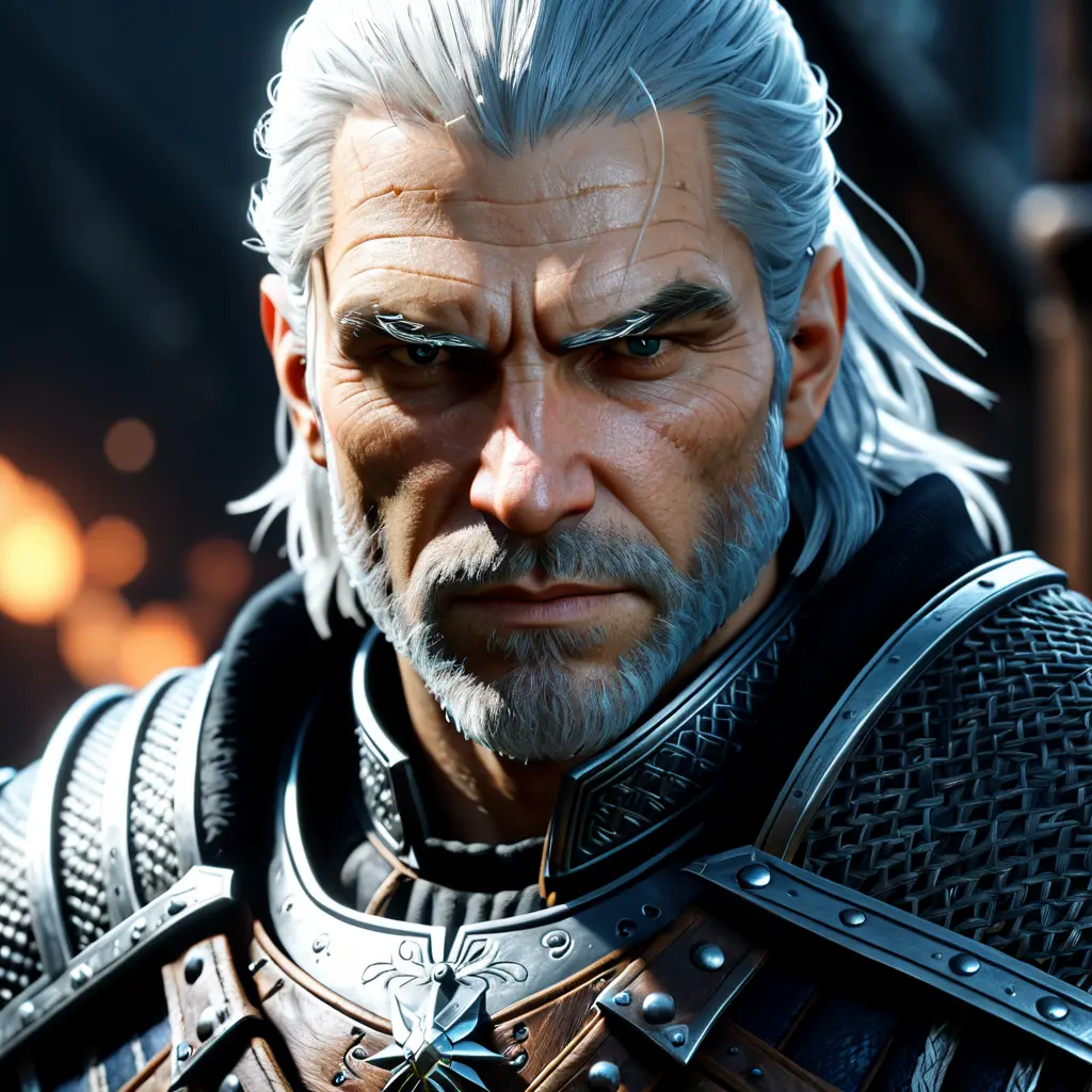 Heavily armed Geralt in The Witcher 3 style, 4k, Highly Detailed, Beautiful, Cinematic Lighting, Sharp Focus, Volumetric Lighting, Closeup Portrait, Concept Art