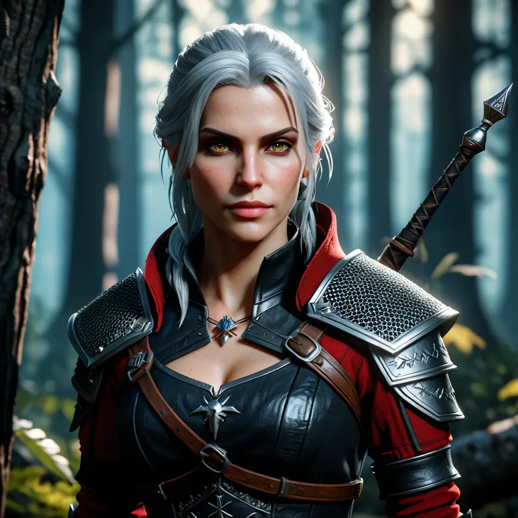 Portrait of an alluring witcher 3 female rouge assassin in an epic forest, 4k, Highly Detailed, Beautiful, Cinematic Lighting, Sharp Focus, Volumetric Lighting, Closeup Portrait, Concept Art