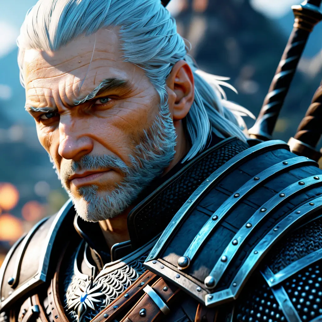 Heavily armed Geralt in The Witcher 3 style, 4k, Highly Detailed, Beautiful, Cinematic Lighting, Sharp Focus, Volumetric Lighting, Closeup Portrait, Concept Art