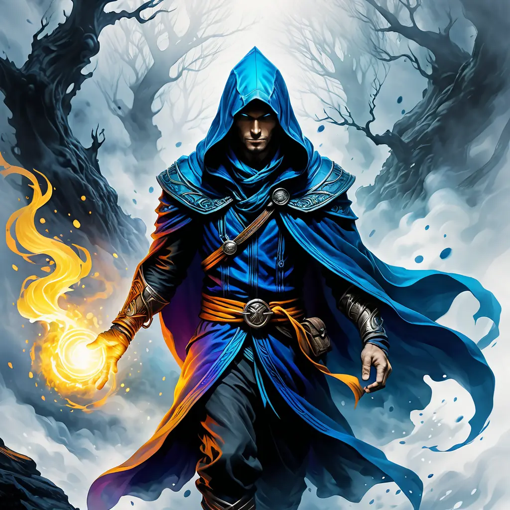 Hooded Mage emerging from the fog of war, ink splash, Highly Detailed, Vibrant Colors, Ink Art, Fantasy, Dark by Stanley Artgerm Lau