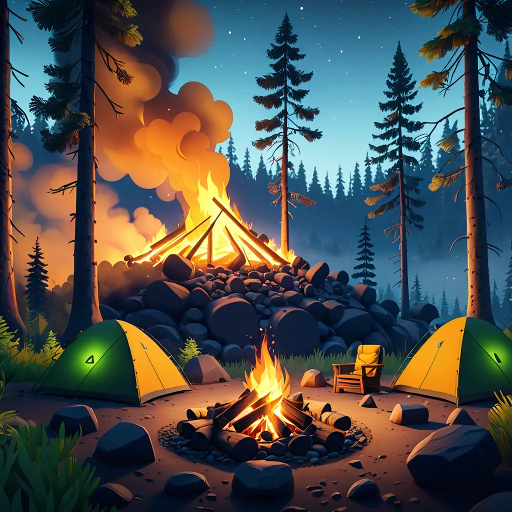 A highly detailed matte painting of a camp fire in the forest at night in the style of Firewatch, 4k resolution, Masterpiece, Trending on Artstation, Volumetric Lighting