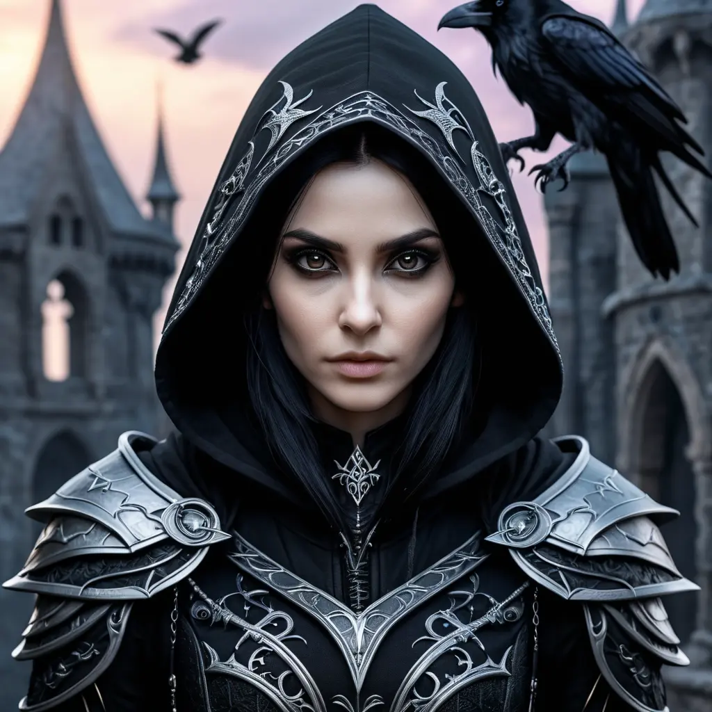 Intricate portrait of a horrifying pale assassin dusk elf, black hair, black eyes, fully covering black hooded armor, ravens, 8k, Gothic and Fantasy, Beautiful, Sci-Fi, Photo Realistic