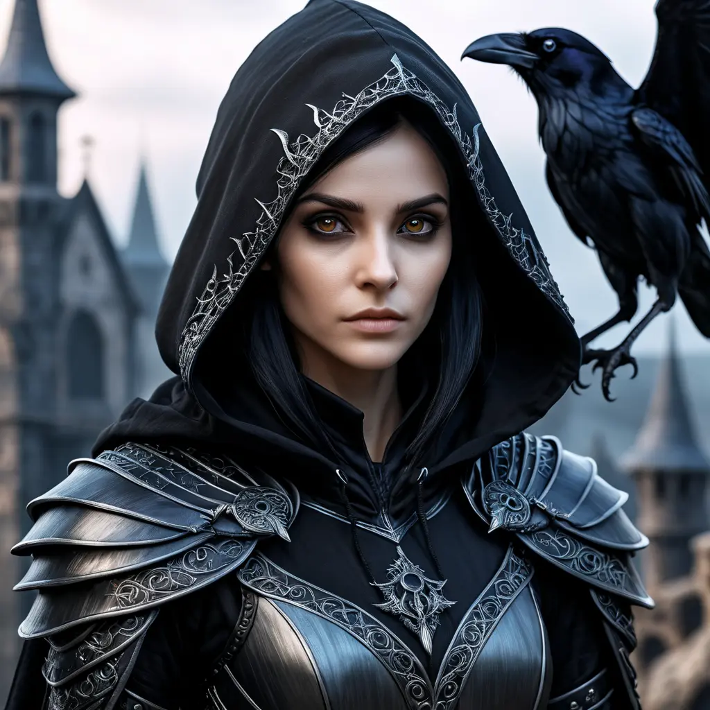 Intricate portrait of a horrifying pale assassin dusk elf, black hair, black eyes, fully covering black hooded armor, ravens, 8k, Gothic and Fantasy, Beautiful, Sci-Fi, Photo Realistic