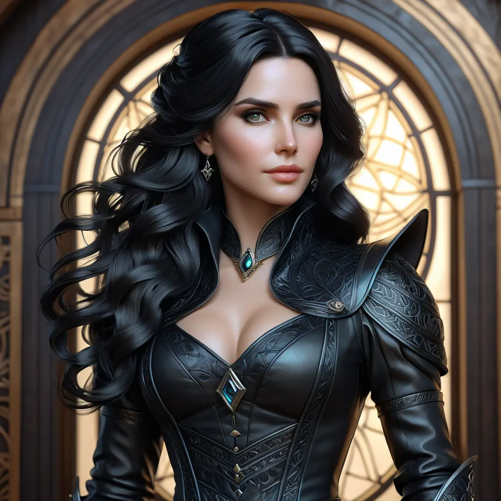 Alluring matte portrait of a beautiful Yennefer wearing black leather, 8k, Highly Detailed, Intricate, Half Body, Realistic, Sharp Focus, Volumetric Lighting, Fantasy, Elegant by Stanley Artgerm Lau, Alphonse Mucha, WLOP