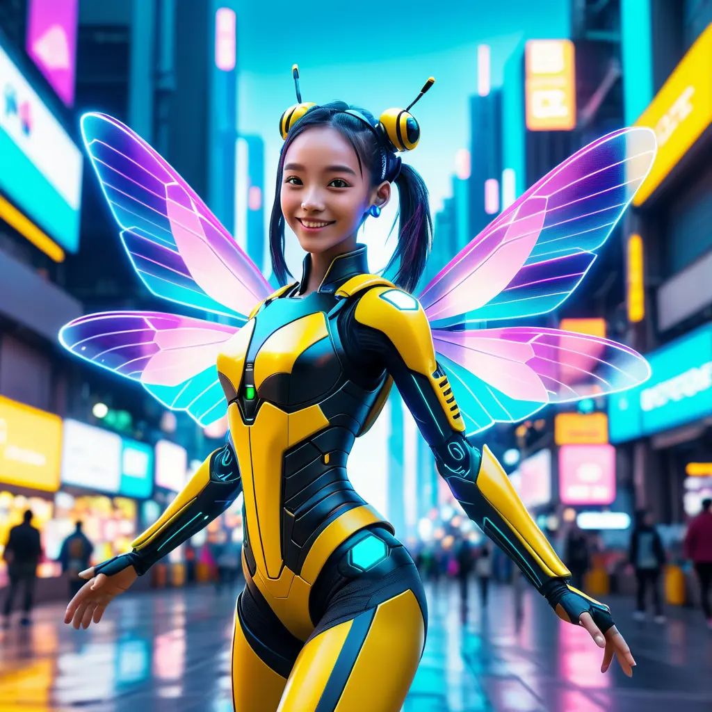 A Cyberpunk half bee and half Human girl with vizor, Cybernatic and Sci-Fi, Cityscape, Bloom light effect, Colorful, Ecstatic, Exciting, Joyful