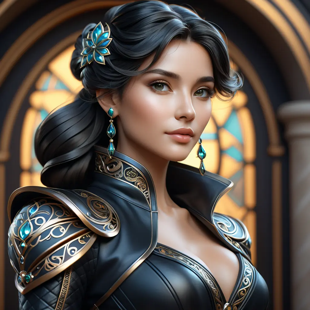 Alluring matte portrait of a beautiful Sona in black leather, 8k, Highly Detailed, Intricate, Half Body, Realistic, Sharp Focus, Volumetric Lighting, Fantasy, Elegant by Stanley Artgerm Lau, Alphonse Mucha, WLOP, Stefan Kostic