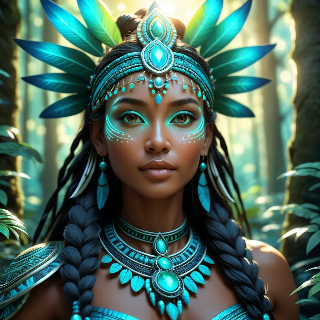 Closeup of a beautiful tribal goddess in a magical forest, 4k, Highly Detailed, Masterpiece, Pretty Face, Digital Illustration, Cinematic Lighting, Realistic, Sharp Focus, Centered, Beautifully Lit, Bioluminescent by Stanley Artgerm Lau