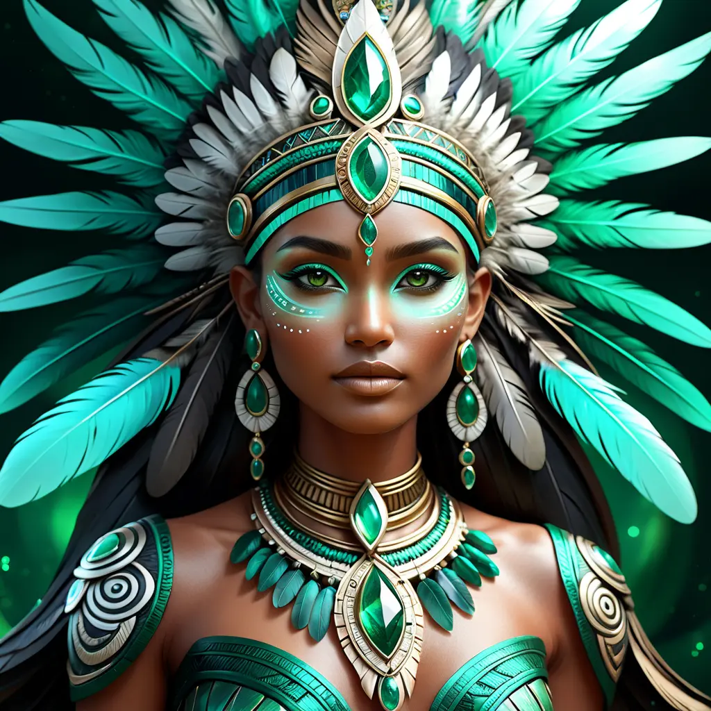 Visionary painting of an alluring mystical tribal goddess surrounded by feathers and emerald gemstones, 8k, Highly Detailed, Intricate, Artstation, Matte Painting, Sharp Focus, Volumetric Lighting, Concept Art by Stanley Artgerm Lau, Greg Rutkowski