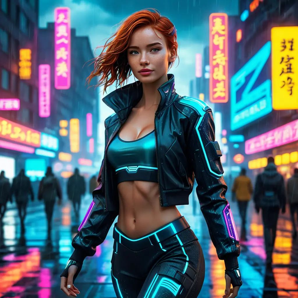 full body shot, beautiful woman walking with beatiful and detailed eyes, dynamic pose, slightly athletic beatiful body, medium-sized chest, detailed attire, Hyper Detailed, Intricate Artwork, Masterpiece, Cybernatic and Sci-Fi, Cyberpunk, Freckles, Full Lips, Red Hair, Smiling, Digital Illustration, Cityscape, Blade Runner 2049, Neon light effect, Realistic, Sharp Focus, Wide Angle, Neon, Dripping Colors, Matte, Futurism, Artwork, Dieselpunk, Colorful, Dynamic, Elegant, Expressive, Graceful, Hot, Gloomy, Sad, Stormy, Terrifying, Tired