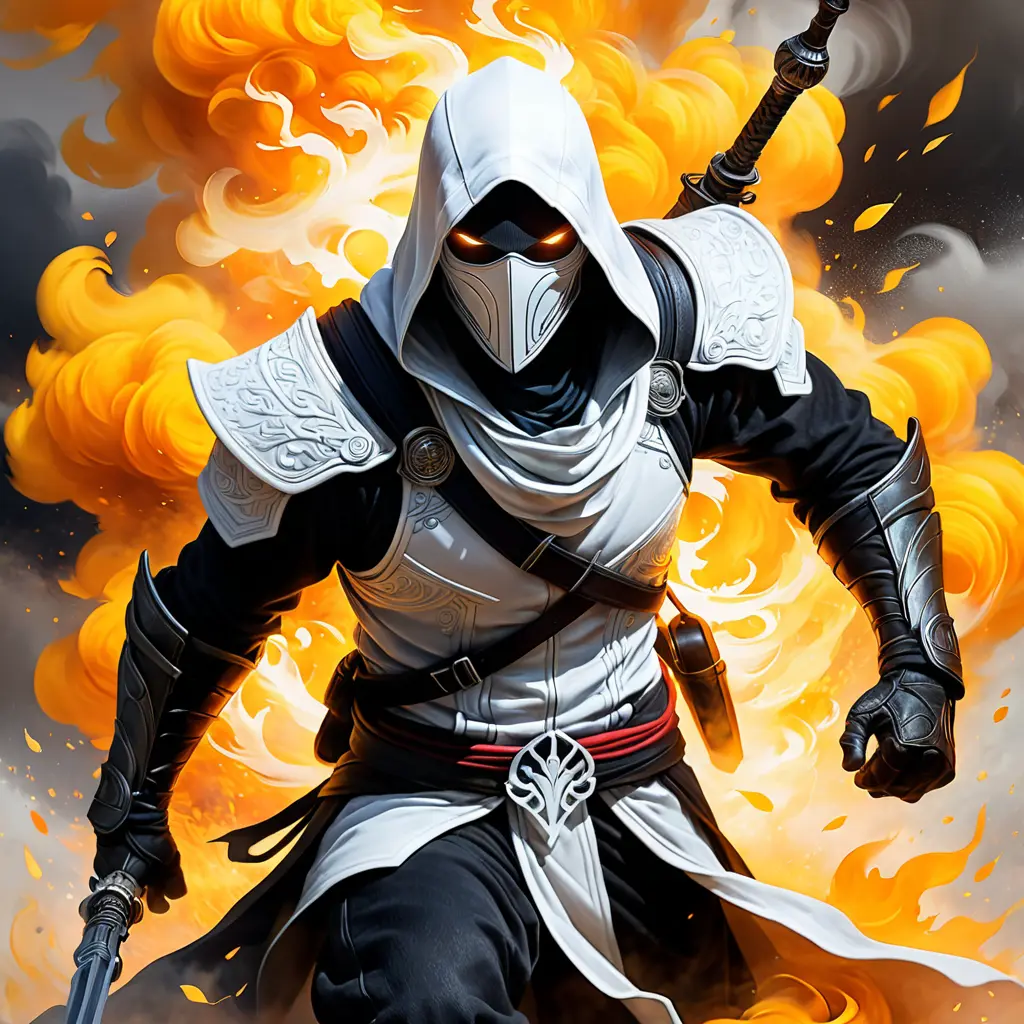 White Assassin emerging from a firey fog of battle, ink splash, Highly Detailed, Vibrant Colors, Ink Art, Fantasy, Dark by Stanley Artgerm Lau