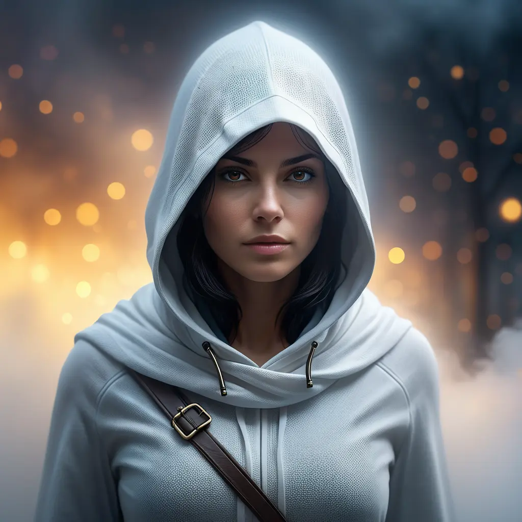 White hooded female assassin emerging from the fog of war, 8k, Bokeh effect, Volumetric Lighting, Vibrant Colors, Fantasy, Dark by Andy Fairhurst