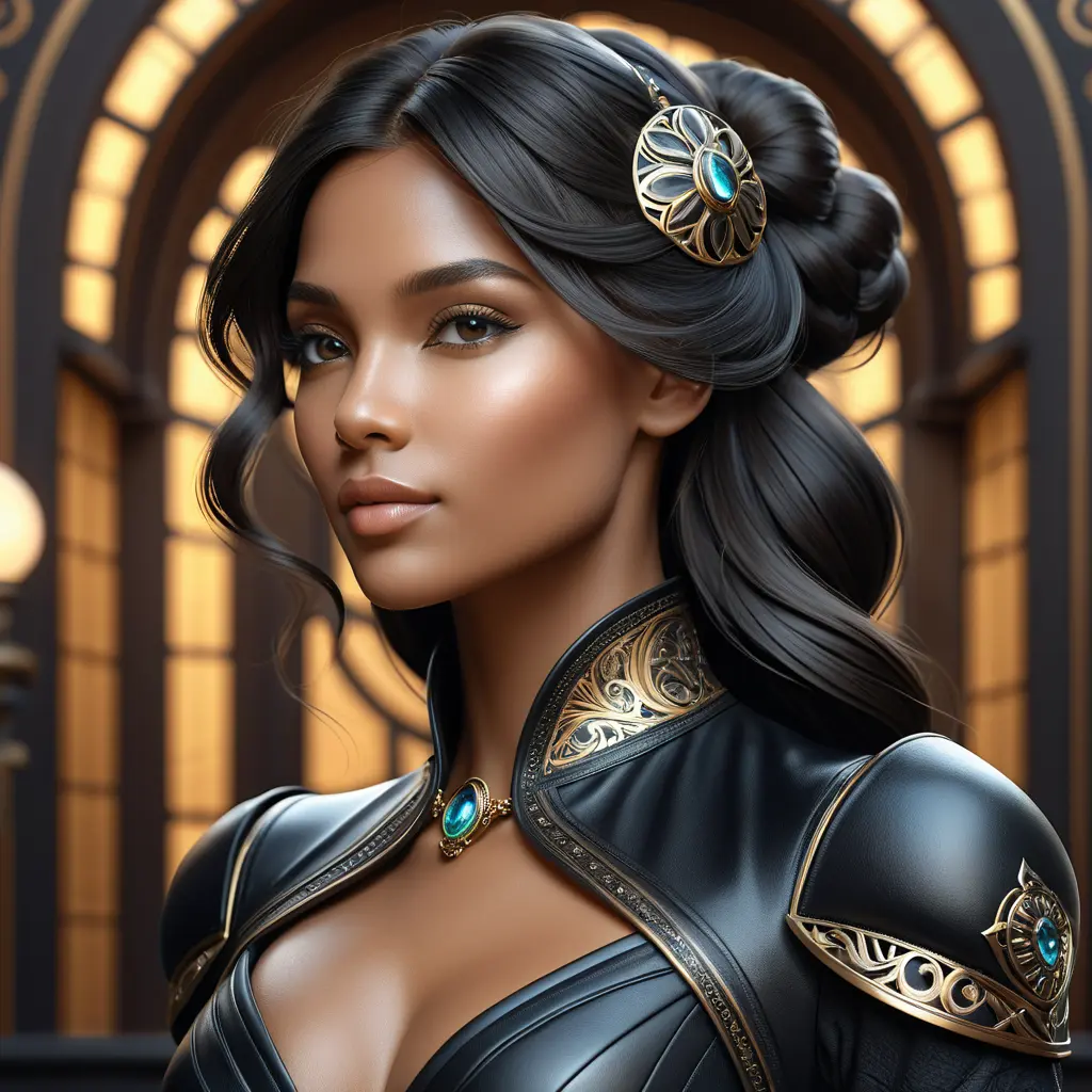 Alluring matte portrait of a beautiful Samira in black leather, 8k, Highly Detailed, Intricate, Half Body, Realistic, Sharp Focus, Volumetric Lighting, Fantasy, Elegant by Stanley Artgerm Lau, Alphonse Mucha, WLOP, Stefan Kostic