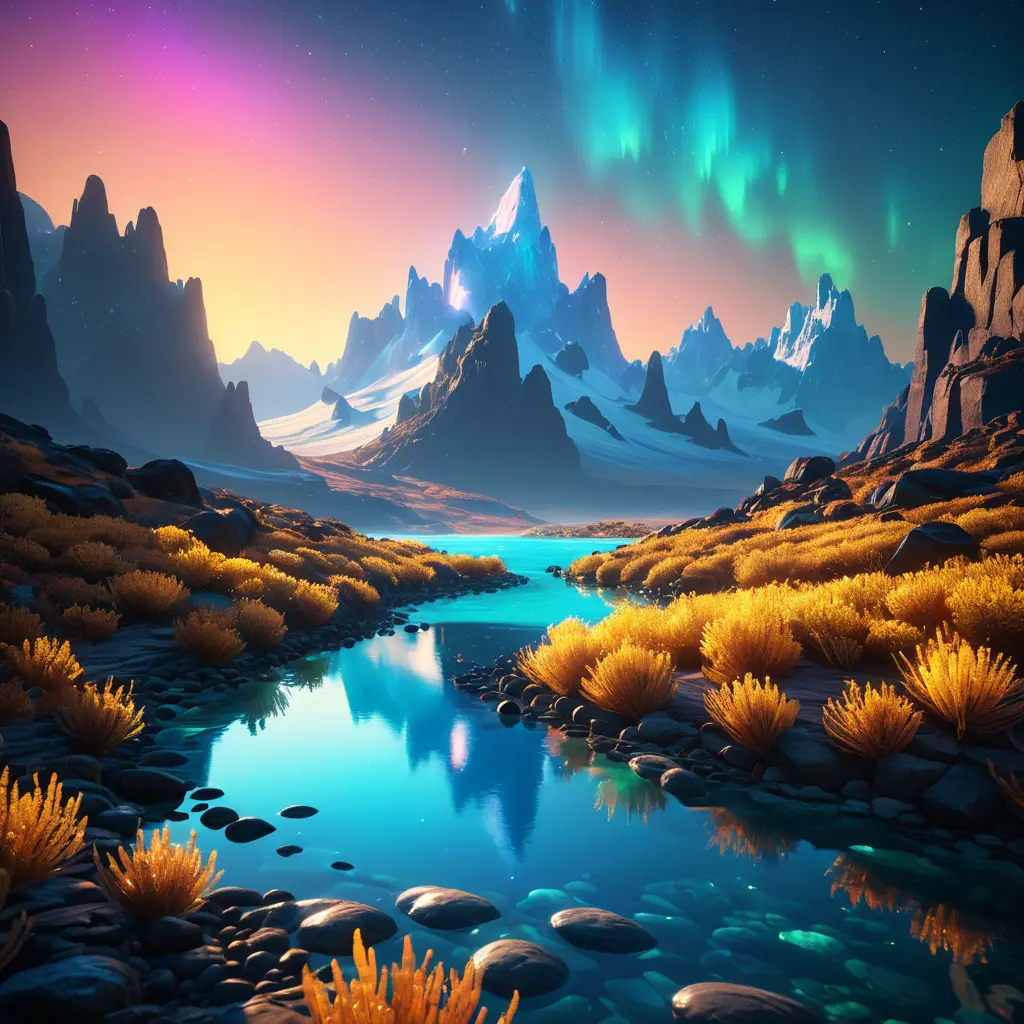 Iridescent opalescent landscape, warm tones, 8k, Award-Winning, Highly Detailed, Beautiful, Octane Render, Unreal Engine, Bioluminescent, Radiant, Volumetric Lighting by Michal Karcz