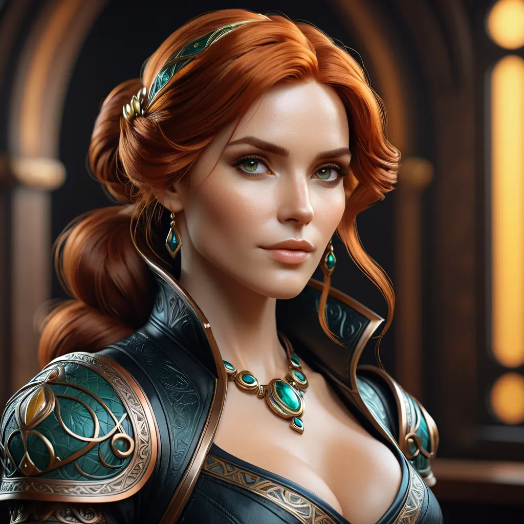 Alluring matte portrait of a beautiful Triss Merigold in black leather, 8k, Highly Detailed, Intricate, Half Body, Realistic, Sharp Focus, Volumetric Lighting, Fantasy, Elegant by Stanley Artgerm Lau, Alphonse Mucha, WLOP, Stefan Kostic