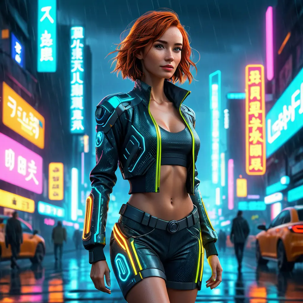 full body shot, beautiful woman walking with beatiful and detailed eyes, dynamic pose, slightly athletic beatiful body, medium-sized chest, detailed attire, Hyper Detailed, Intricate Artwork, Masterpiece, Cybernatic and Sci-Fi, Cyberpunk, Freckles, Full Lips, Red Hair, Smiling, Digital Illustration, Cityscape, Blade Runner 2049, Neon light effect, Realistic, Sharp Focus, Wide Angle, Neon, Dripping Colors, Matte, Futurism, Artwork, Dieselpunk, Colorful, Dynamic, Elegant, Expressive, Graceful, Hot, Gloomy, Sad, Stormy, Terrifying, Tired