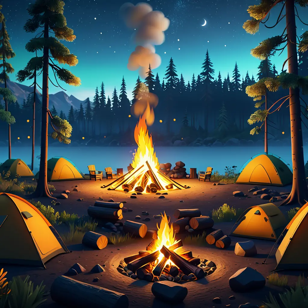 A highly detailed matte painting of a camp fire in the forest at night in the style of Firewatch, 4k resolution, Masterpiece, Trending on Artstation, Volumetric Lighting