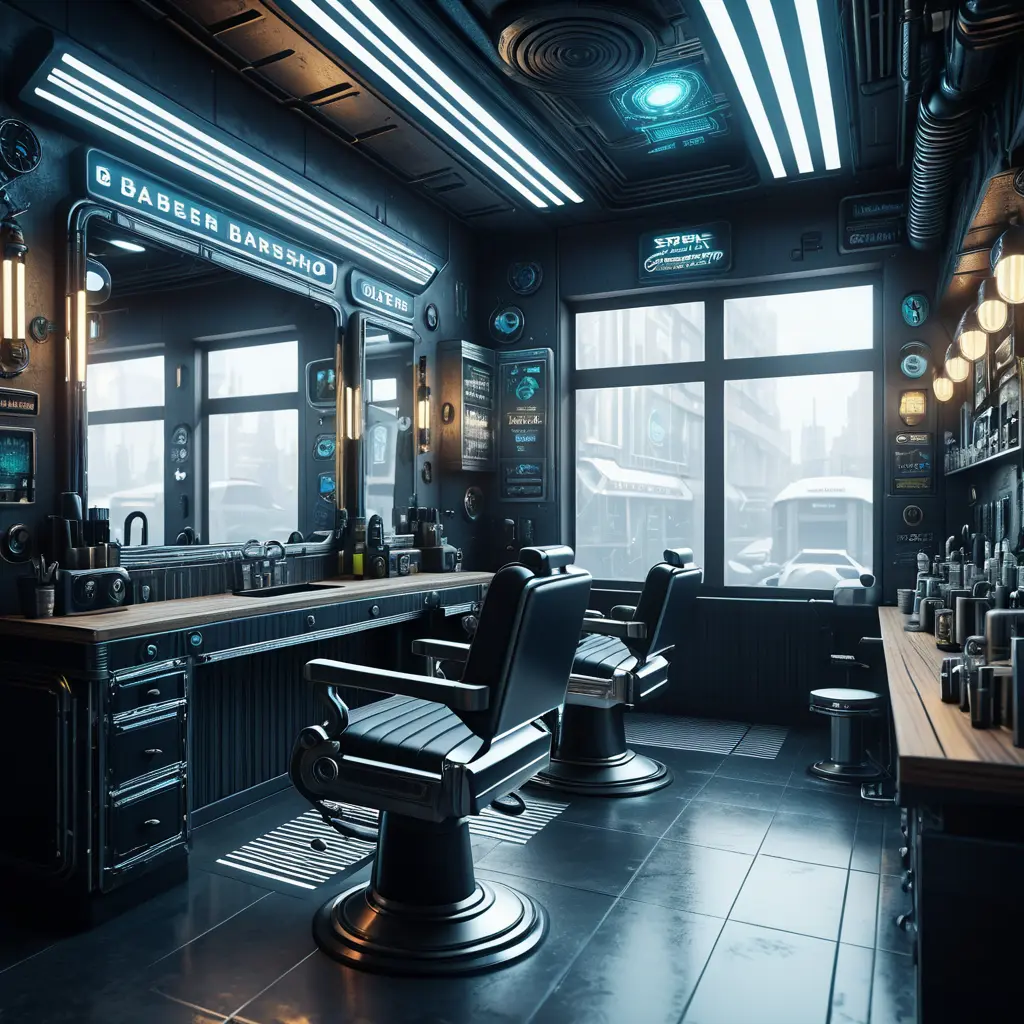 inside of a cyberpunk barber shop, 8k, Dystopian, High Definition, Highly Detailed, Hyper Detailed, Intricate, Intricate Artwork, Intricate Details, Ultra Detailed, Cgsociety, Cybernatic and Sci-Fi, Post-Apocalyptic, Futuristic, Sci-Fi, Science Fiction, Matte Painting, Sharp Focus by Stefan Kostic