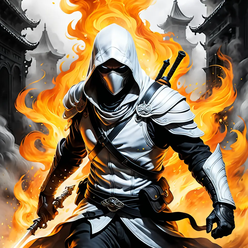 White Assassin emerging from a firey fog of battle, ink splash, Highly Detailed, Vibrant Colors, Ink Art, Fantasy, Dark by Stanley Artgerm Lau