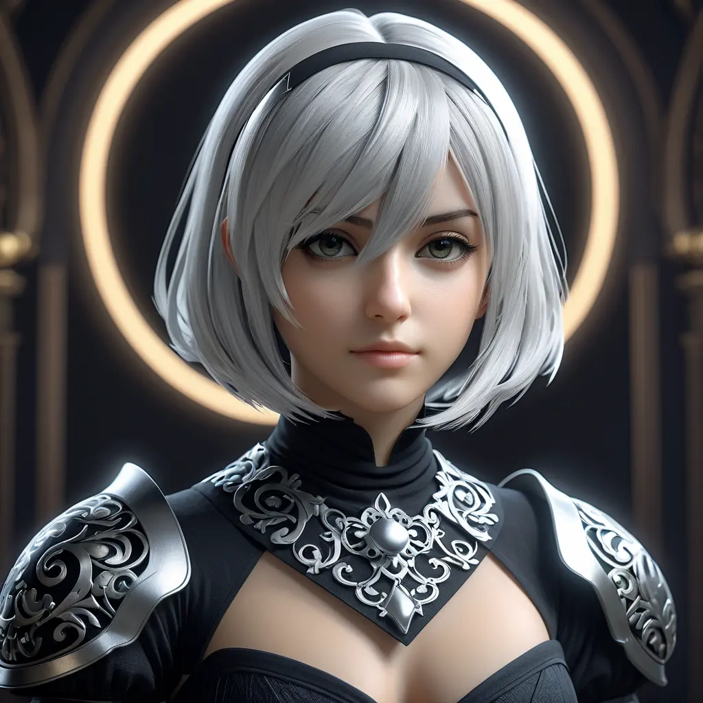 Alluring matte portrait of a beautiful 2B from Nier Automata in the style of Stefan Kostic, 8k, Highly Detailed, Intricate, Half Body, Realistic, Sharp Focus, Volumetric Lighting, Fantasy, Elegant by Stanley Artgerm Lau, Greg Rutkowski