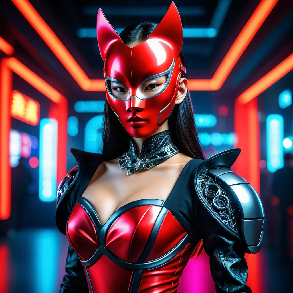 Asian cyberpunk feme fatale in expensive red dress with mask at a masquerade ball smart but dangerous in a high-tech club., Cyberpunk, Photo Realistic