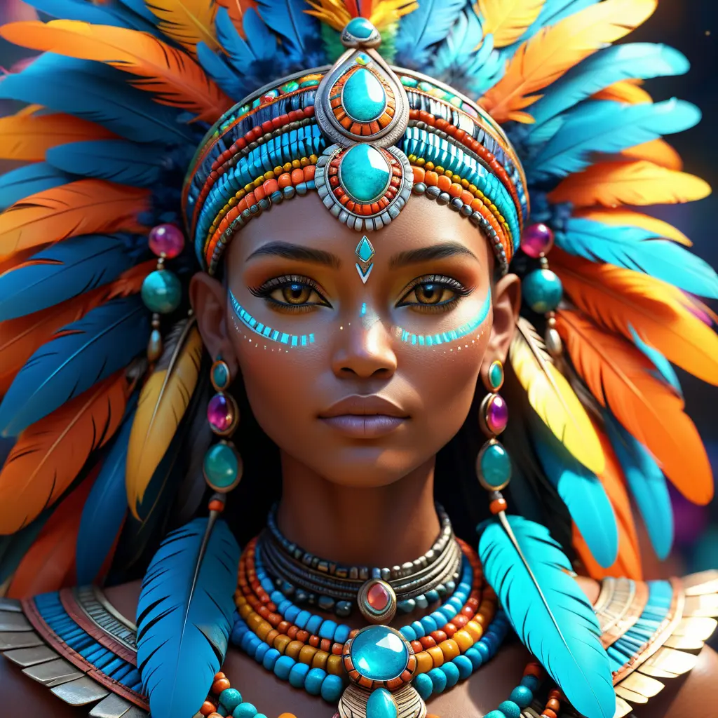 Closeup of a mystical tribal goddess surrounded by vibrant feathers and gemstones, 8k, Highly Detailed, Intricate, Artstation, Matte Painting, Sharp Focus, Volumetric Lighting, Concept Art by Stanley Artgerm Lau, Greg Rutkowski