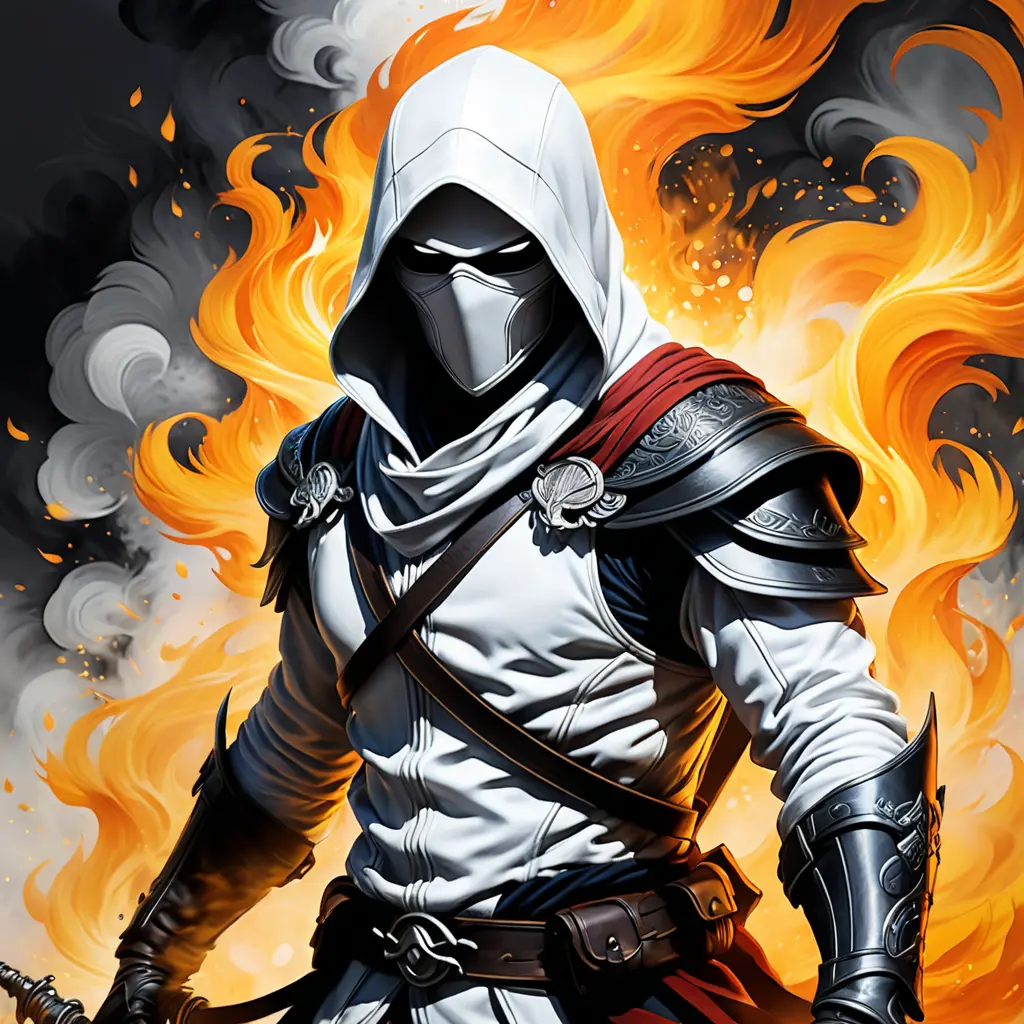 White Assassin emerging from a firey fog of battle, ink splash, Highly Detailed, Vibrant Colors, Ink Art, Fantasy, Dark by Stanley Artgerm Lau