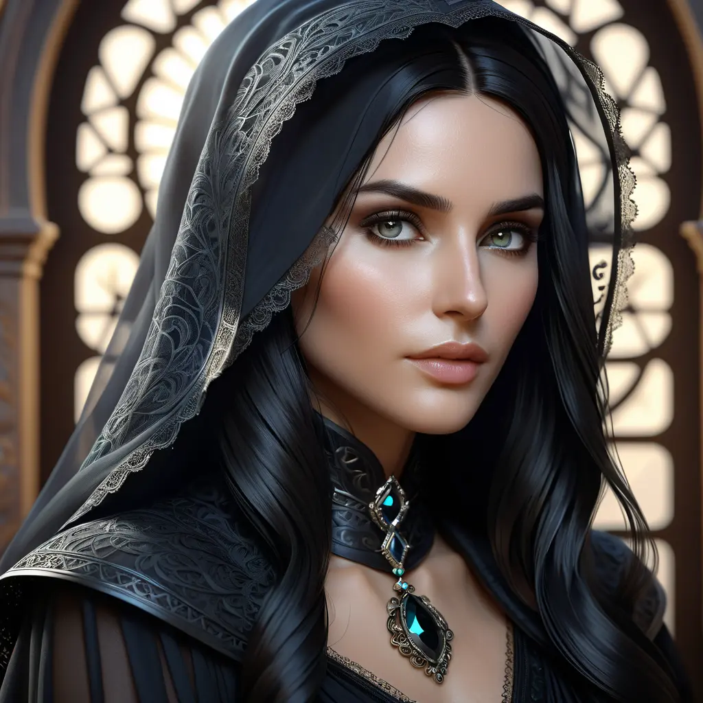 Alluring matte portrait of a beautiful veiled Yennefer wearing a black veil with long straight hair, 8k, Highly Detailed, Intricate, Half Body, Realistic, Sharp Focus, Volumetric Lighting, Fantasy, Elegant by Stanley Artgerm Lau, Alphonse Mucha, WLOP