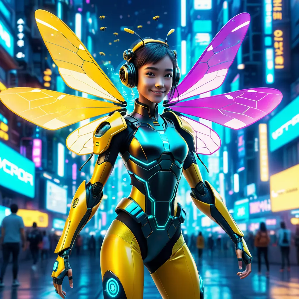 A Cyberpunk half bee and half Human girl with vizor, Cybernatic and Sci-Fi, Cityscape, Bloom light effect, Colorful, Ecstatic, Exciting, Joyful