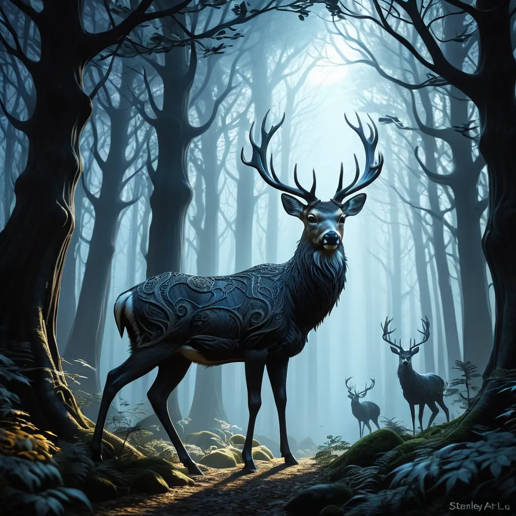 Deer in a haunted forest, Highly Detailed, Intricate, Gothic, Volumetric Lighting, Fantasy, Dark by Stanley Artgerm Lau