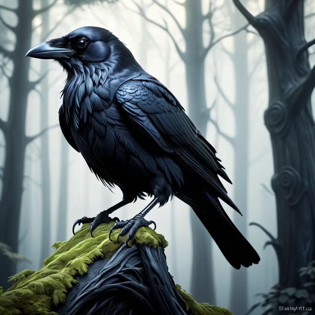 Raven in a haunted forest, Highly Detailed, Intricate, Gothic, Volumetric Lighting, Fantasy, Dark by Stanley Artgerm Lau