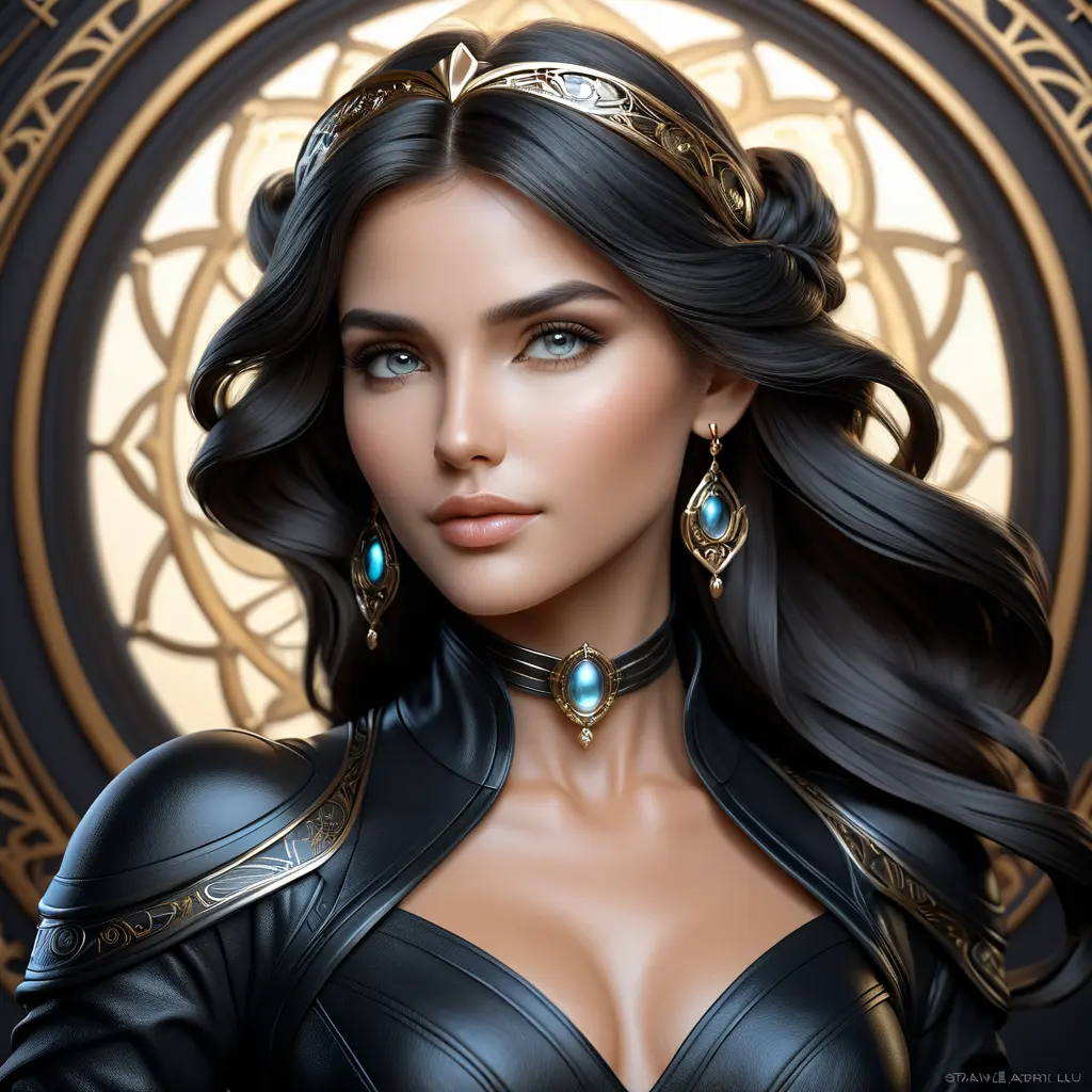 Alluring matte portrait of the beautiful goddess Selene in black leather, 8k, Highly Detailed, Intricate, Realistic, Sharp Focus, Volumetric Lighting, Fantasy, Elegant by Stanley Artgerm Lau, Alphonse Mucha, WLOP