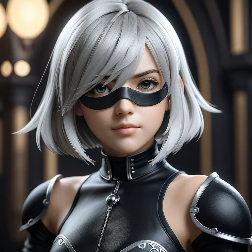 Alluring matte portrait of a beautiful 2B from Nier Automata wearing black leather, 8k, Highly Detailed, Intricate, Half Body, Realistic, Sharp Focus, Volumetric Lighting, Fantasy, Elegant by Stanley Artgerm Lau, WLOP