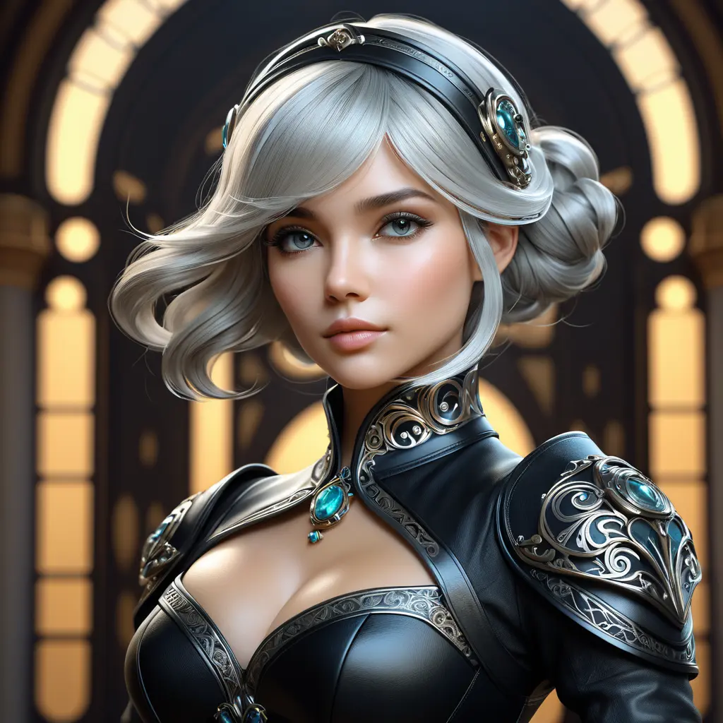 Alluring matte portrait of a beautiful 2B in black leather, 8k, Highly Detailed, Intricate, Half Body, Realistic, Sharp Focus, Volumetric Lighting, Fantasy, Elegant by Stanley Artgerm Lau, Alphonse Mucha, WLOP, Stefan Kostic