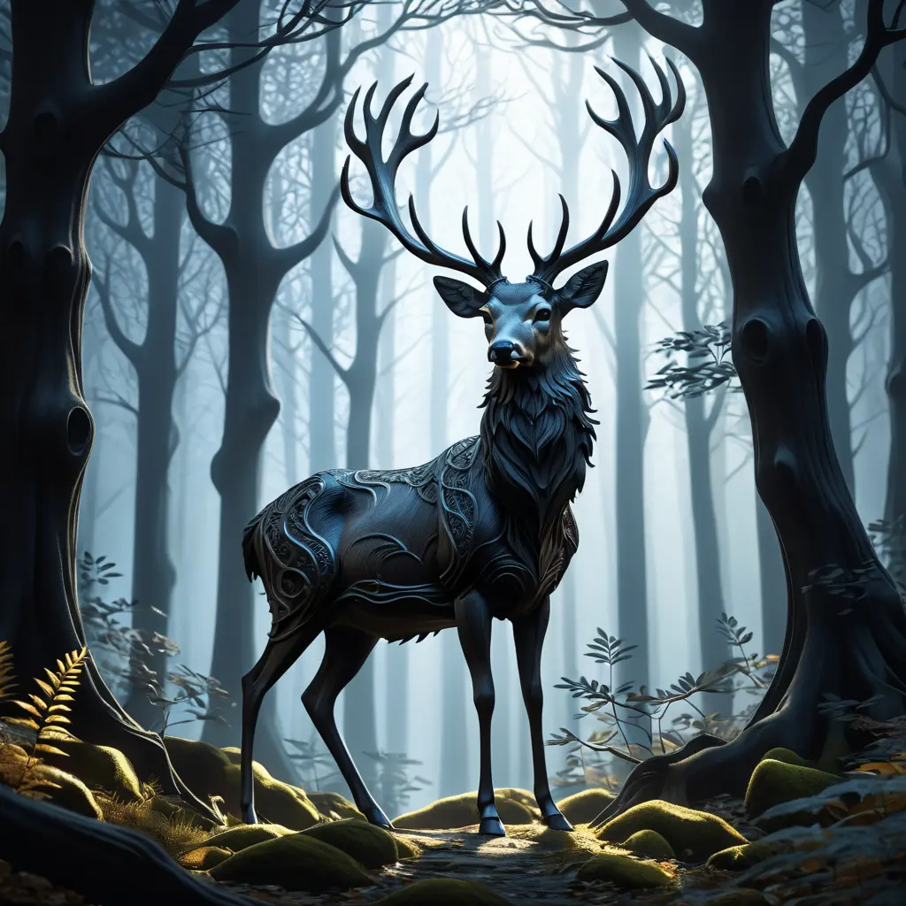 Deer in a haunted forest, Highly Detailed, Intricate, Gothic, Volumetric Lighting, Fantasy, Dark by Stanley Artgerm Lau