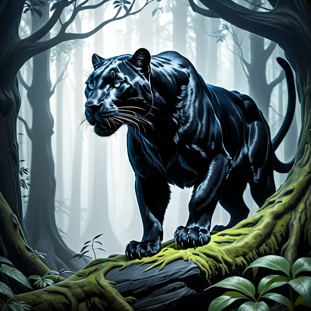 Panther in a haunted forest, Highly Detailed, Intricate, Gothic, Volumetric Lighting, Fantasy, Dark by Stanley Artgerm Lau