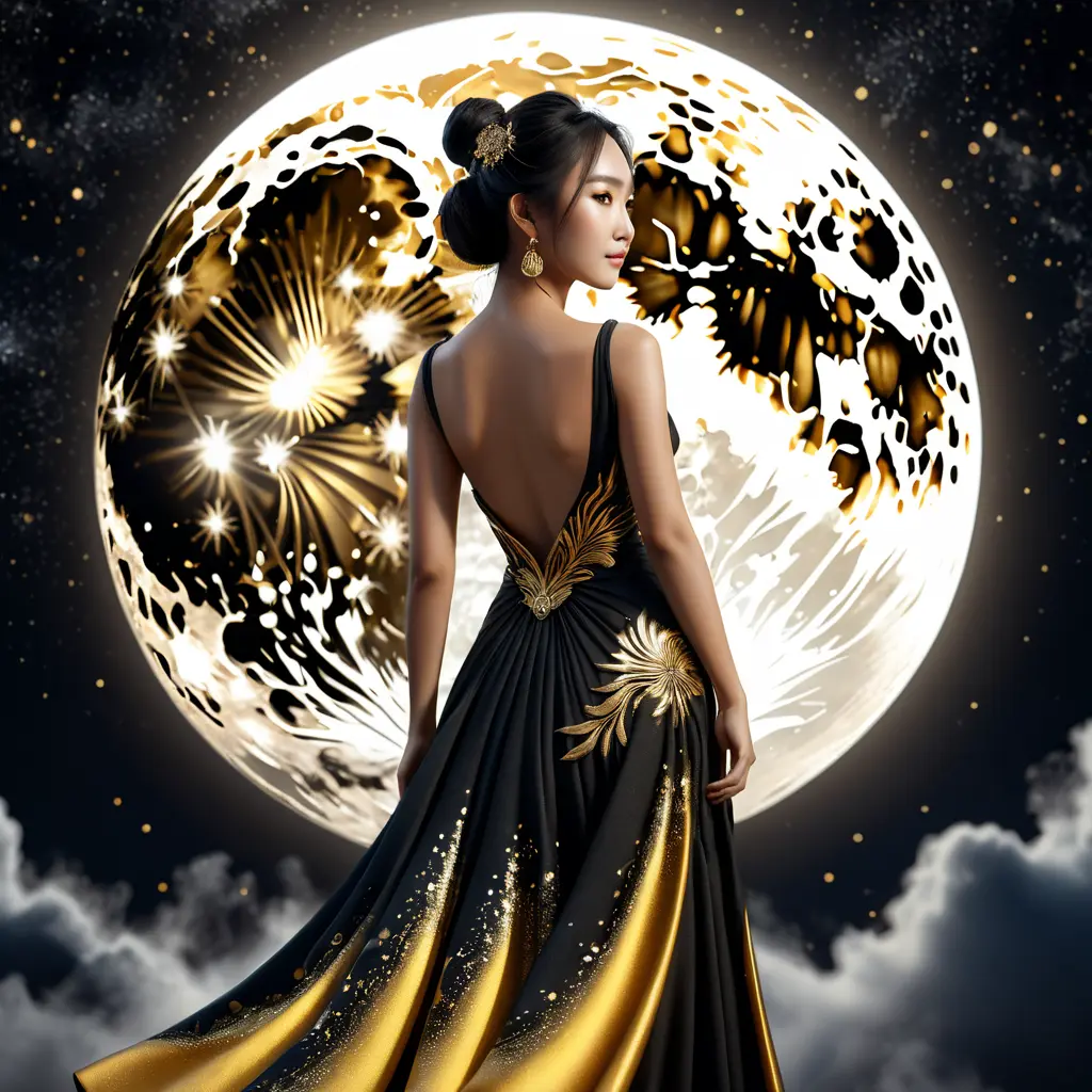 Full body back of an Asian goddess in a black and gold backless dress holding a fan in one hand. A fantastically large moon background, detailed gorgeous face, natural skin, fire and ice, splatter, black ink, liquid melting, dreamy, glowing, glamour, glimmer, shadows, ominous, golden ratio, production cinematic character render, ultra high quality model, 8k, Highly Detailed, Intricate, Masterpiece, Oil on Canvas, Sharp Focus, Smooth, Unreal Engine, Glamour Shot, Vibrant Colors, Ominous