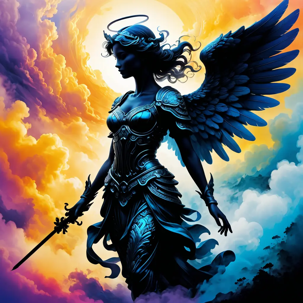 Silhouette of an Angel emerging from the fog of war, ink splash, Highly Detailed, Vibrant Colors, Ink Art, Fantasy, Dark by Stanley Artgerm Lau