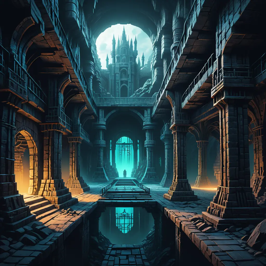 Hyper Detailed illustration of an eerie dystopian underground dungeon, 8k, Gothic and Fantasy, Horror, Epic, Sharp Focus, Deviantart by Alena Aenami