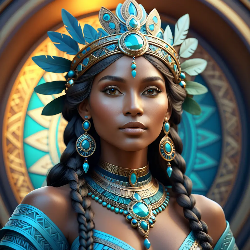 Alluring matte portrait of a beautiful mystical tribal queen, 8k, Highly Detailed, Intricate, Half Body, Realistic, Sharp Focus, Volumetric Lighting, Fantasy, Elegant by Alphonse Mucha