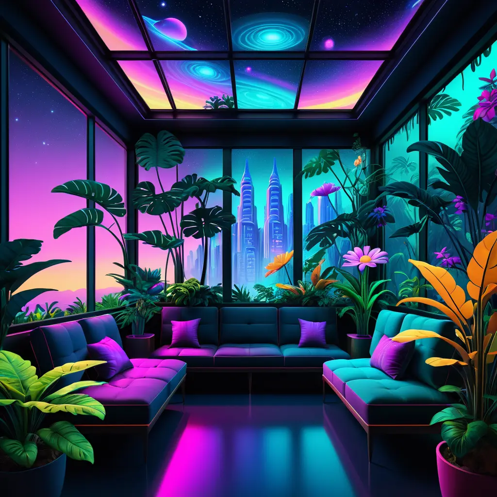 A beautiful render of city sunroom by georgia o'keeffe, galactic alien synthwave rainforest noir thermal imaging myst uv light, flowers, Highly Detailed, Digital Painting, Cinematic Lighting, Neon, Concept Art