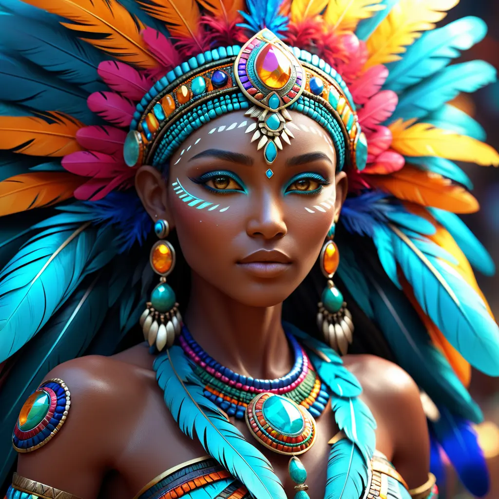 Closeup of a mystical tribal goddess surrounded by vibrant feathers and gemstones, 8k, Highly Detailed, Intricate, Artstation, Matte Painting, Sharp Focus, Volumetric Lighting, Concept Art by Stanley Artgerm Lau, Greg Rutkowski