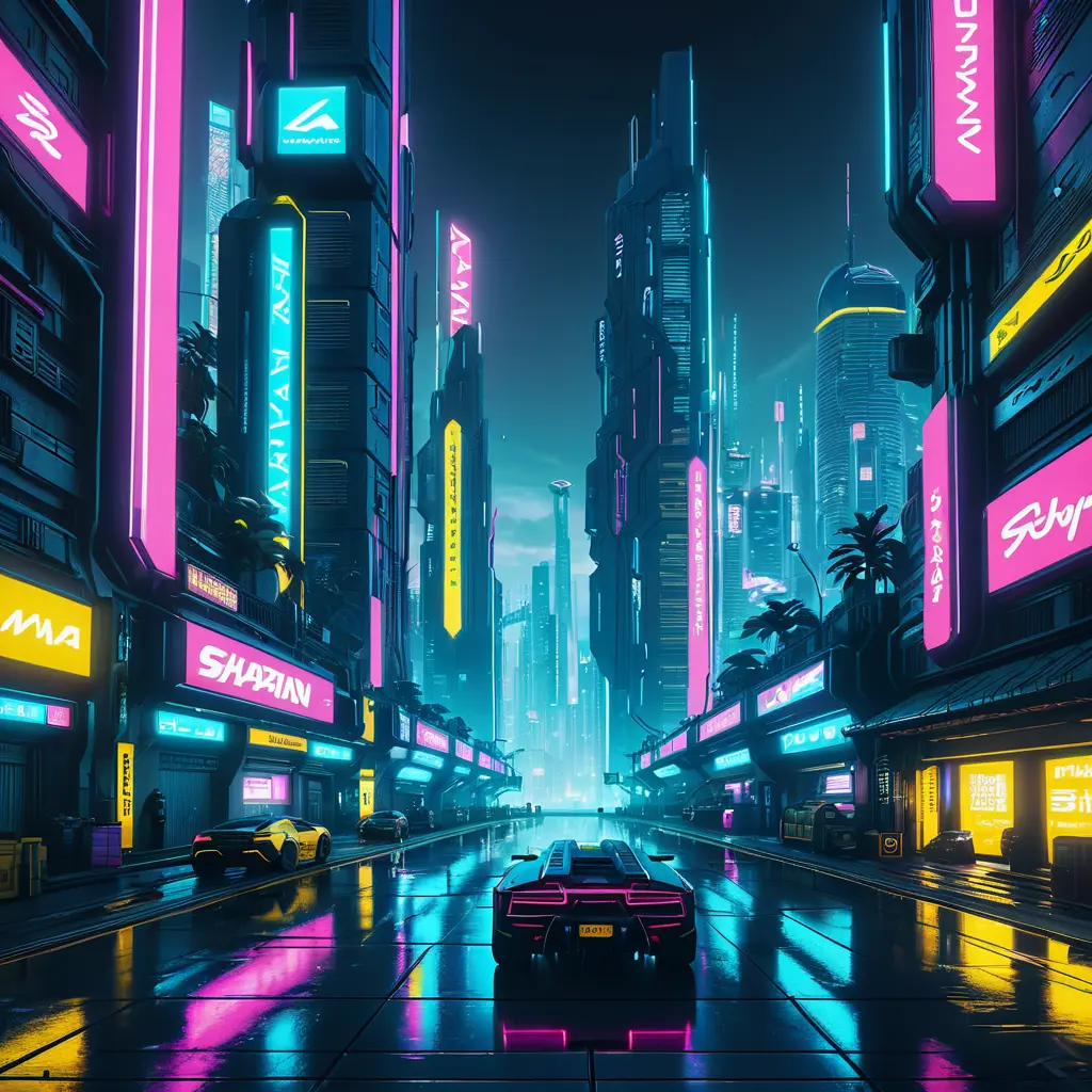 Dystopian Cyberpunk 2077 city at night, 8k, Hyper Detailed, Intricate Details, Trending on Artstation, Epic, Comic, Sharp Focus, Deviantart, Beautifully Lit by Alena Aenami