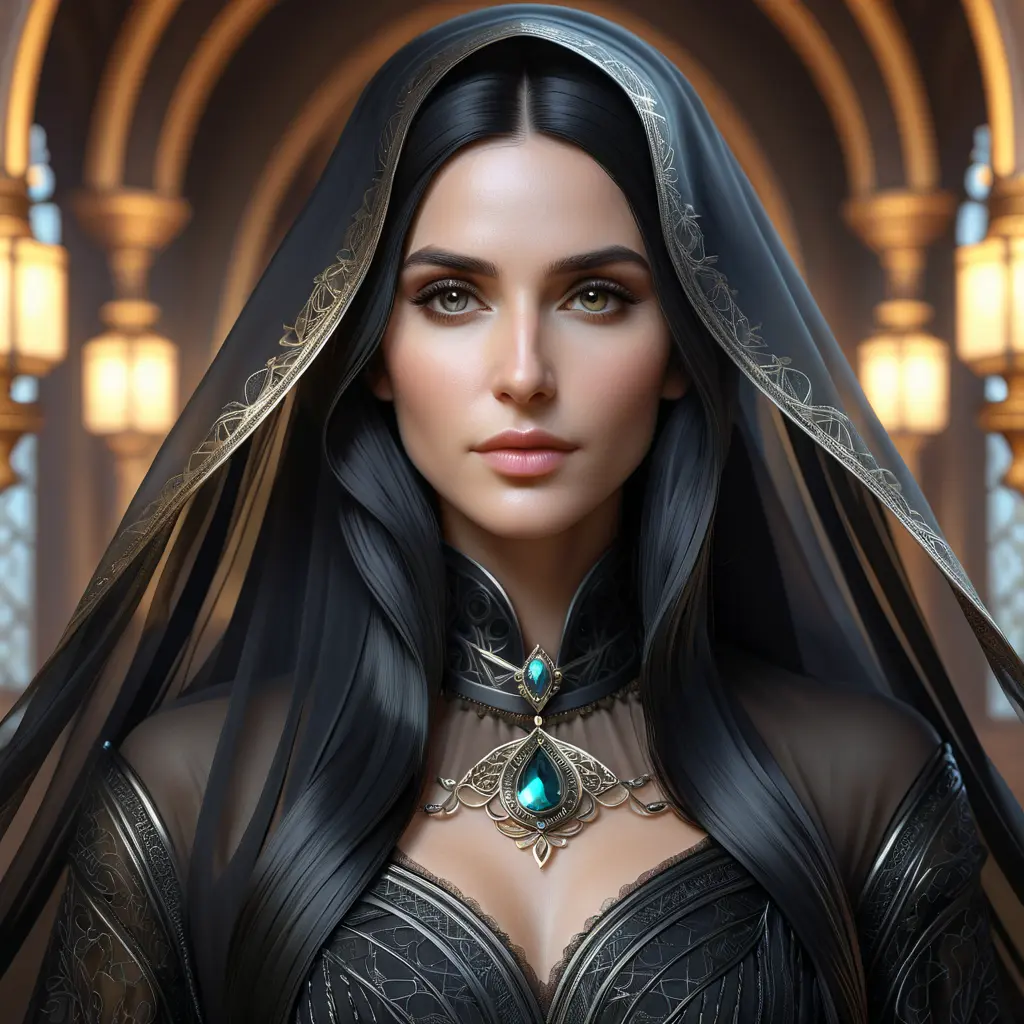 Alluring matte portrait of a beautiful veiled Yennefer wearing a black veil with long straight hair, 8k, Highly Detailed, Intricate, Half Body, Realistic, Sharp Focus, Volumetric Lighting, Fantasy, Elegant by Stanley Artgerm Lau, Alphonse Mucha, WLOP