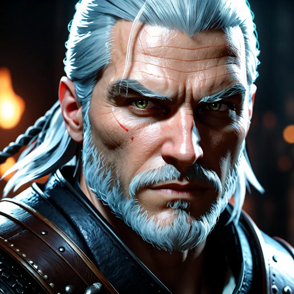 Geralt as a rouge assassin in The Witcher 3 Style, 4k, Highly Detailed, Beautiful, Cinematic Lighting, Sharp Focus, Volumetric Lighting, Closeup Portrait, Concept Art