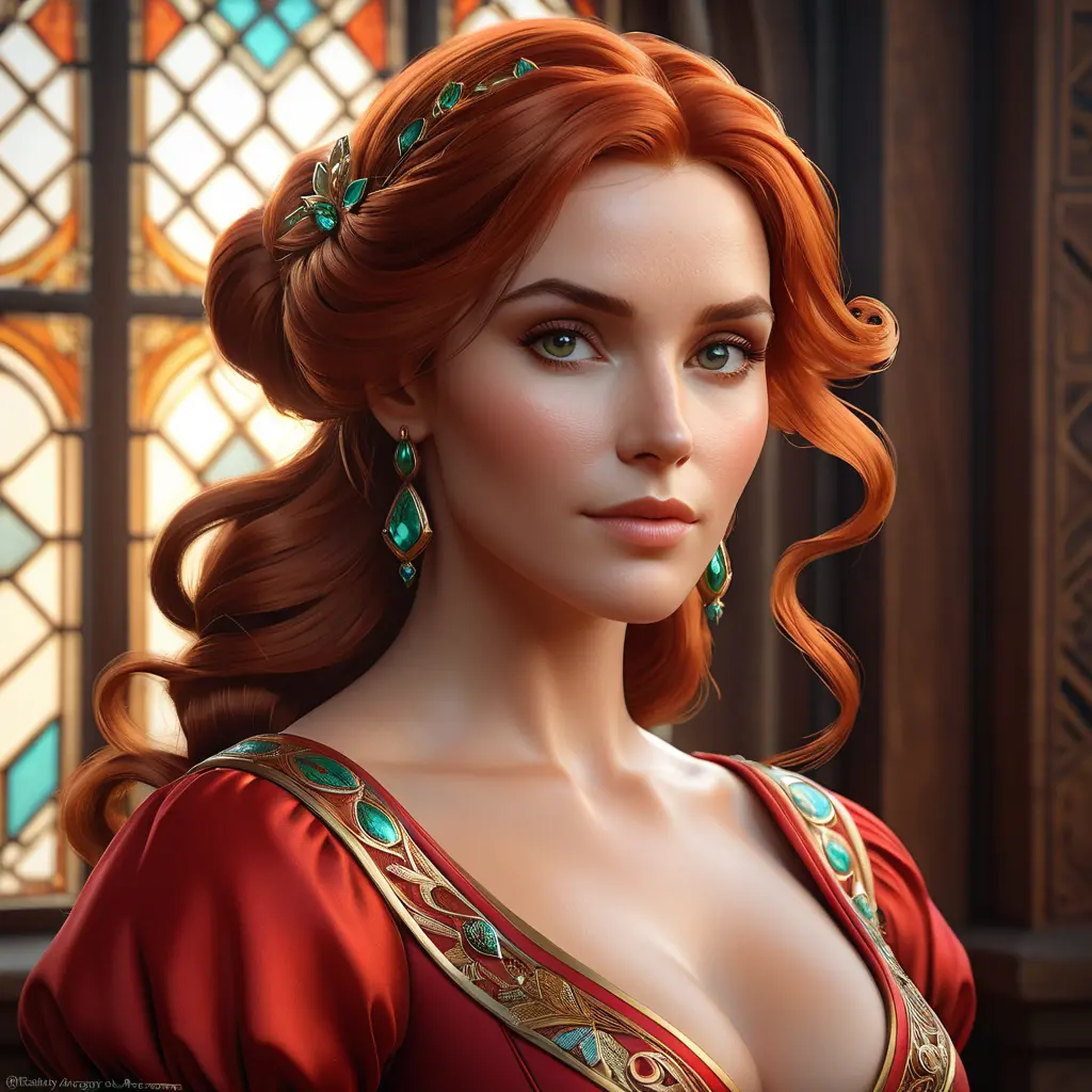 Alluring matte portrait of a beautiful Triss Merigold in a Red Dress, 8k, Highly Detailed, Intricate, Half Body, Realistic, Sharp Focus, Volumetric Lighting, Fantasy, Elegant by Stanley Artgerm Lau, Alphonse Mucha, WLOP